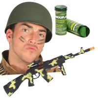 Carnaval verkleed set Leger soldaten helm - camouflage schmink stift - machinegeweer - thumbnail