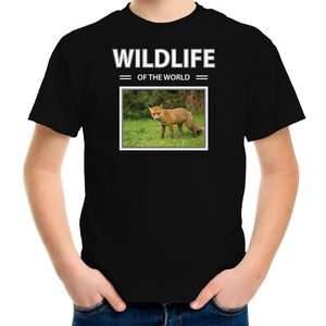 Vos t-shirt met dieren foto wildlife of the world zwart voor kinderen