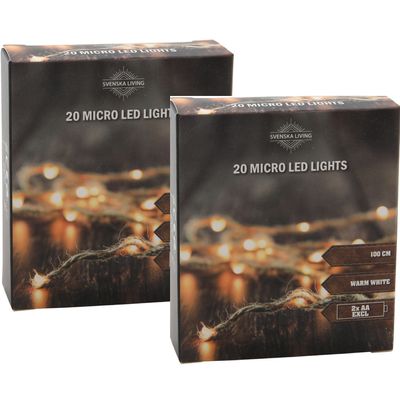 Set van 2x stuks touwverlichting met 20 micro led lampjes sfeerverlichting op batterij 100 cm