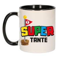 Cadeau koffie/thee mok voor tante - zwart - super tante - keramiek - 300 ml