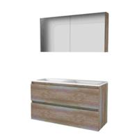 Basic-Line Comfort 46 Badkamermeubelset - 120 x 46 cm - Greeploos - 2 Lades - Acryl Wastafel - 2 Kraangaten - Spiegelkast - Scotch Oak