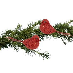 2x stuks decoratie vogels op clip glitter rood 12 cm