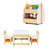 Set met Tafel en 2 Kinderstoelen van Hout en Houten Boekenkast voor Kinderen 3-delige set Kindermeubels en Opbergrek