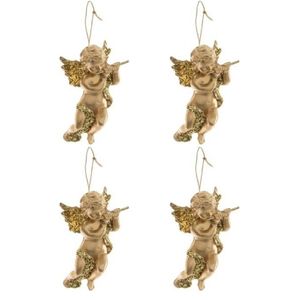 4x Gouden engel met dwarsfluit kerstversiering hangdecoraties 10 cm