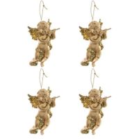 4x Gouden engel met dwarsfluit kerstversiering hangdecoraties 10 cm - thumbnail