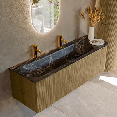 Badmeubel Mondiaz Kurve-Dlux | 145 cm cm | Meubelkleur Dusk | Wastafelkleur Lava | Solid surface | Wasbak links zijde spoelbak | 2 kraangaten