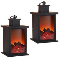 Set van 2x stuks sfeerhaarden lantaarns met LED verlichting inclusief timer 14 x 14 x 25 cm