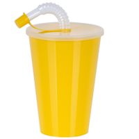 Drinkbeker met deksel en rietje - geel - kunststof - 450 ml - 12 x 9 cm