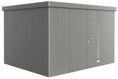 Biohort Metalen tuinhuis Neo - Dubbele deur - Kwartsgrijs - 3D (348x292 cm)- Plat dak- Metaal- Biohort