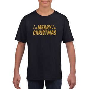 Merry Christmas Kerst t-shirt zwart voor kinderen met gouden glitter bedrukking XL (164-176)  -
