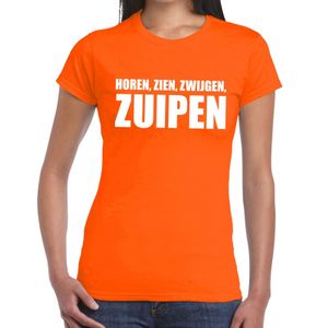 Horen Zien Zwijgen Zuipen tekst t-shirt oranje dames