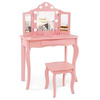 Kaptafel en Krukje voor Kinderen met Afneembare Driewegspiegel & LED-Lampjes Make-Uptafel voor Prinsessen met Lade Bureau voor Kinderen
