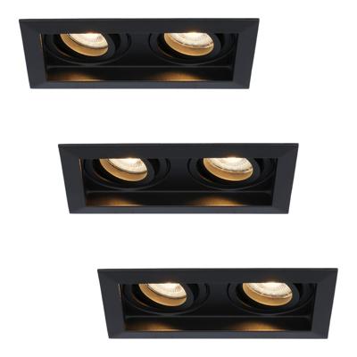 Set van 3 Durham LED Dubbele inbouwspots vierkant - 8 watt 690 lumen - 2700K Warm wit - GU10 - Dimbaar Kantelbaar - Voor binnen - Zwart