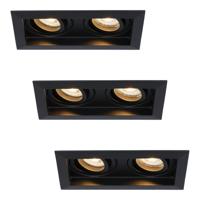 Set van 3 Durham LED Dubbele inbouwspots vierkant - 8 watt 690 lumen - 2700K Warm wit - GU10 - Dimbaar Kantelbaar - Voor binnen - Zwart