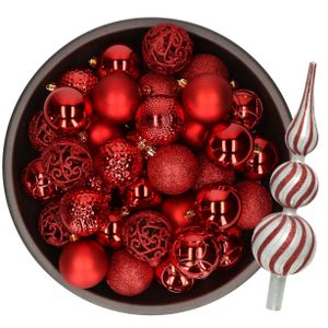 Kerstversiering set - 38-dlg - rood - kunststof kerstballen en glazen luxe piek