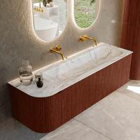 Badmeubel Mondiaz Kurve-Dlux | 145 cm cm | Meubelkleur Ruby | Wastafelkleur Glace | Solid surface | Wasbak rechter zijde spoelbak | Zonder kraangat(en)