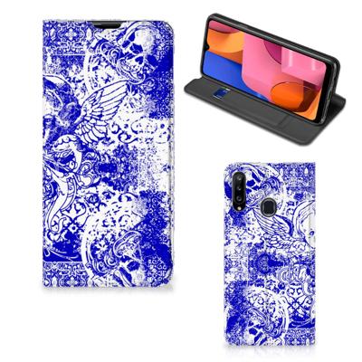 Mobiel BookCase Samsung Galaxy A20s Angel Skull Blauw