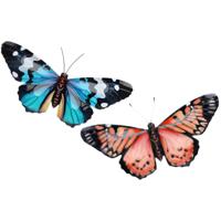Wanddecoratie vlinders - 2x stuks - rood en blauw - 49 x 34 cm - metaal - muurdecoratie tuin