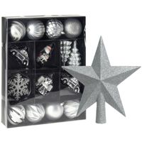 Kerstballen en ornamenten incl. ster piek zilver/wit kunststof