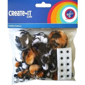65x Dierenprint hobby pompoms met 10 plakoogjes