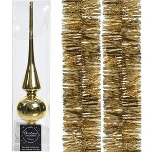 Kerstboomversiering set gouden piek en 2x folieslingers 270 cm