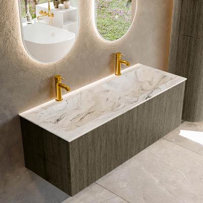 Badmeubel Mondiaz Kurve-Dlux | 120 cm cm | Meubelkleur Shadow | Wastafelkleur Glace | Solid surface | Wasbak beiden zijden spoelbak | 2 kraangaten