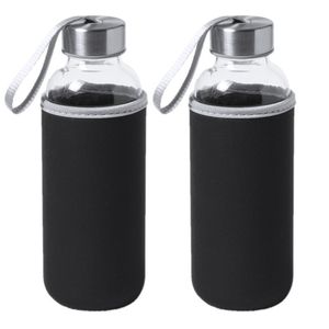 2x Stuks glazen waterfles/drinkfles met zwarte softshell bescherm hoes 420 ml