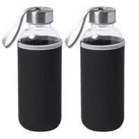 2x Stuks glazen waterfles/drinkfles met zwarte softshell bescherm hoes 420 ml - thumbnail