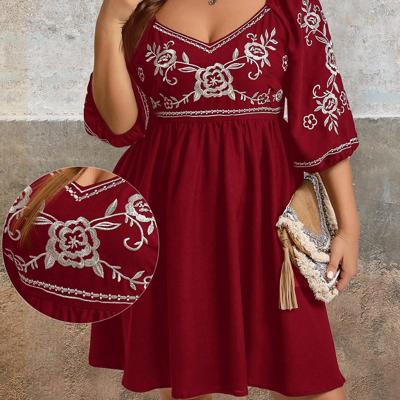 Plus Size Black Rose Floral Embroidery Boho Vacation Dress Burgundy / 1XL