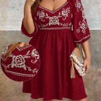 Plus Size Black Rose Floral Embroidery Boho Vacation Dress Burgundy / 1XL