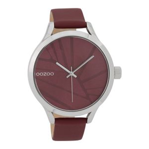 OOZOO C9682 Horloge Timepiece staal-eder zilverkleurig-donkerrood
