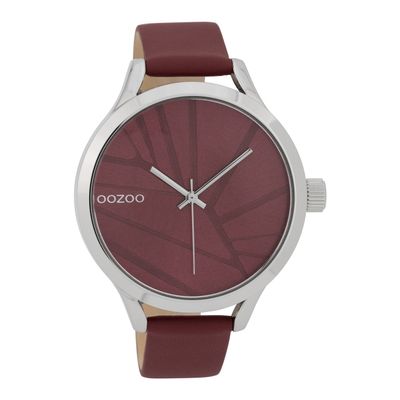 OOZOO C9682 Horloge Timepiece staal-eder zilverkleurig-donkerrood
