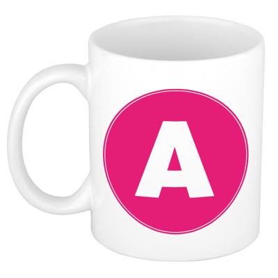 Koffie mok met de letter A - beker - roze - eerste letter van een voornaam - wit - 300 ml