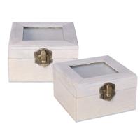 Houten opbergkistje met deksel - 2x - grijs - 10 x 10 x 6 cm - Sieraden/spulletjes/sleutels