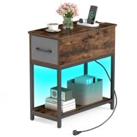 Bijzettafel met Oplaadstation en Ledverlichting Nachtkastje in Industriële Stijl met met Stof Beklede Lades en Open Planken