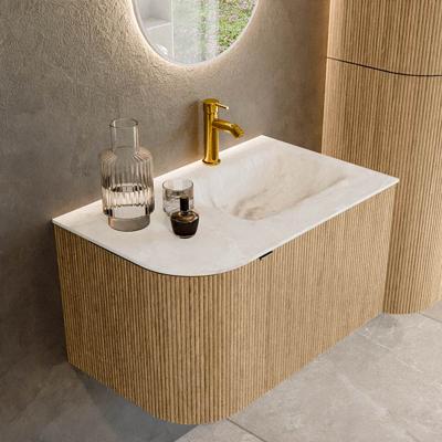 Badmeubel Mondiaz Kurve-Dlux | 75 cm | Meubelkleur Oak | Wastafelkleur Frappe | Solid surface | Rechts spoelbak | 1 kraangat