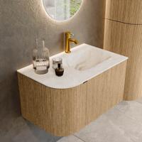 Badmeubel Mondiaz Kurve-Dlux | 75 cm | Meubelkleur Oak | Wastafelkleur Frappe | Solid surface | Rechts spoelbak | 1 kraangat