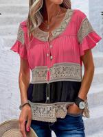 Color Block Casual Loose Cotton Blouse