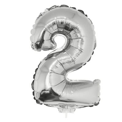 Zilveren opblaas cijfer ballon - 2 jaar - op stokje - H41 cm - Leeftijd versiering