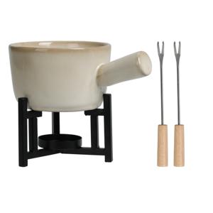 Kaasfondue setje met houder - porselein - beige/zwart - incl. 2 vorken