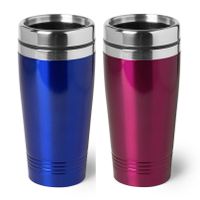 Set van 2x stuks Warmhoudbekers/warm houd bekers metallic roze en blauw 450 ml - thumbnail