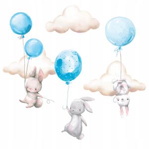 Muursticker - Konijntjes met ballonnen en wolken / Blauw