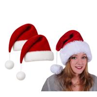 Kerstman muts - 2x - of - Kerstmuts - rood - pluche - met grote pompom - voor volwassenen