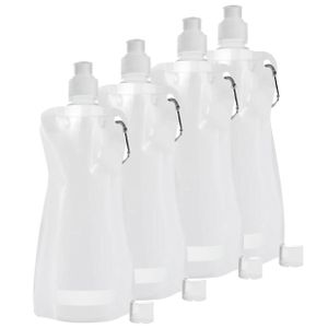 Waterfles/drinkfles opvouwbaar - 4x - wit - kunststof - 420 ml - schroefdop - karabijnhaak