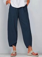 Navy Blue Casual Cotton-Blend Plain Pants - thumbnail