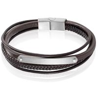 Mendes Heren Armband Bruin Leer Edelstaal ID Graveerplaat Zilverkleurig-19cm - thumbnail