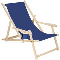 Ligbed Strandstoel Ligstoel Verstelbaar Armleuningen Beukenhout Handgemaakt Marineblauw - thumbnail