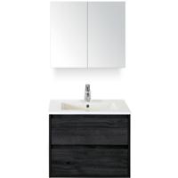 Porto Badmeubelset 70 cm - Black Oak - Keramische Wastafel Wit Slim met Spiegelkast