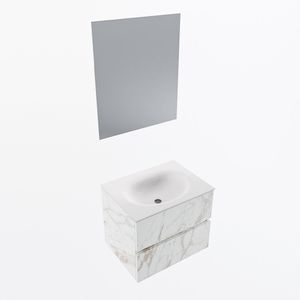 MONDIAZ VICA 60cm badmeubel onderkast Carrara 2 lades. Wastafel Moon midden zonder kraangat, kleur Talc met spiegel LED.