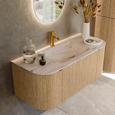 Badmeubel Mondiaz Kurve-Dlux | 110 cm | Meubelkleur Oak | Wastafelkleur Nata | Solid surface | Wasbak midden spoelbak | 1 kraangat